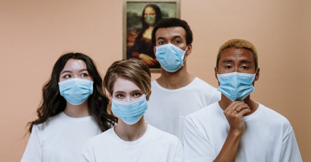 Group of diverse people wearing masks with Mona Lisa in the background, portraying pandemic symbolism.